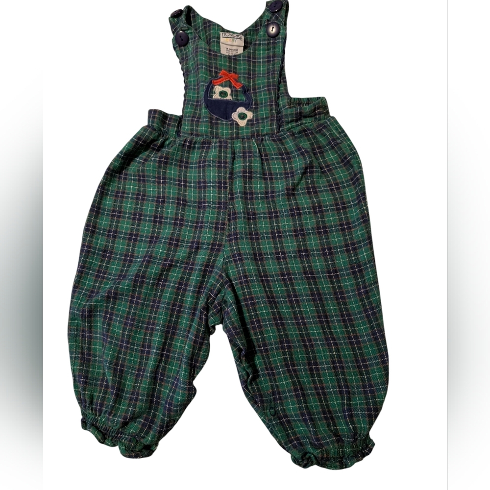 Vintage Infant‎ Plaid Romper Overalls with Embroidered Basket Flowers 18 Months